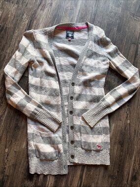 VS PINk Long Striped V‑Neck Cardigan Sweater - white & Gray